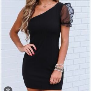 Blue Blush One Shoulder Puff Sleeve Bodycon Mini Dress Black Size M